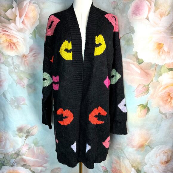 Torrid Open Front All Over Lip Print Drop Shoulder Knit Cardigan Sweater - Picture 1 of 5